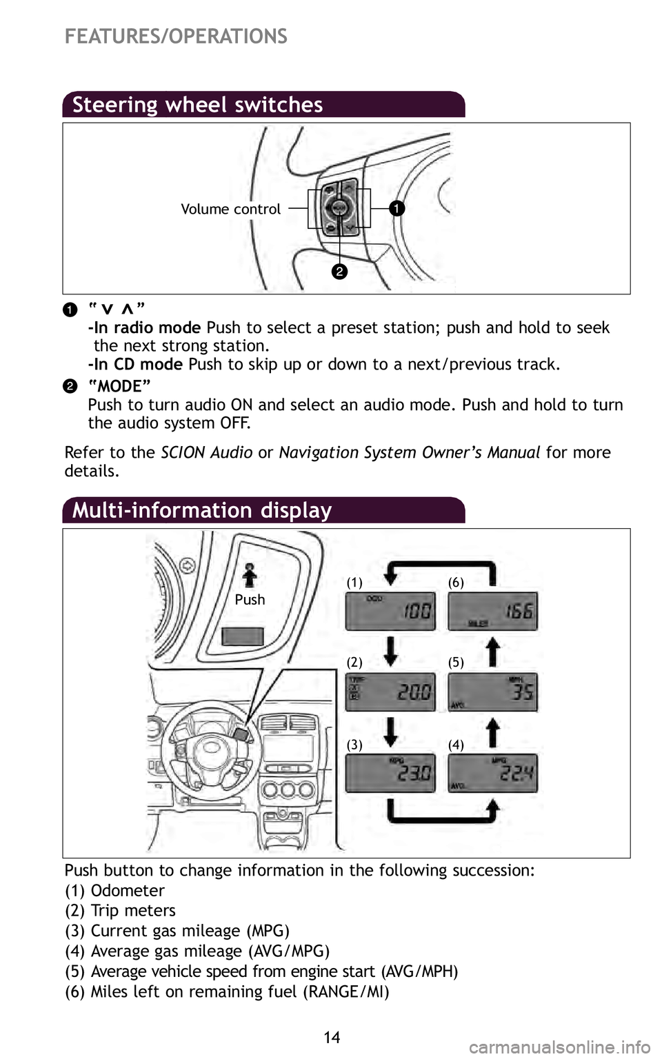 TOYOTA xD 2011  Owners Manual (in English) 14
FEATURES\bOPERATIONS
Pow
Desig
foru
Bo
Fro
Multi�information display
(1)
(2)
(3)(4) (5) (6)
Pushbutton tochange information inthe following succession:
(1) Odometer
(\f) Trip meters
(3) Current gas