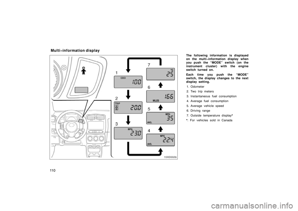TOYOTA xD 2011  Owners Manual (in English) 11 0
The following information is displayed
on the multi�information display when
you push the “MODE” switch (on the
instrument cluster) with the engine
switch turned on.
Each time you push the 