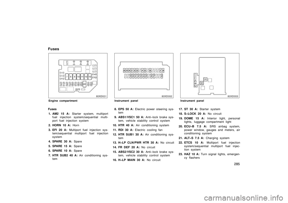 TOYOTA xD 2011  Owners Manual (in English) 285
Fuses
Engine compartment
Fuses1. AM2 15 A:  Starter system, multiport
fuel injection system/sequential multi-
port fuel injection system
2. HORN 10 A:  Horn
3. EFI 20 A:  Multiport fuel injection 