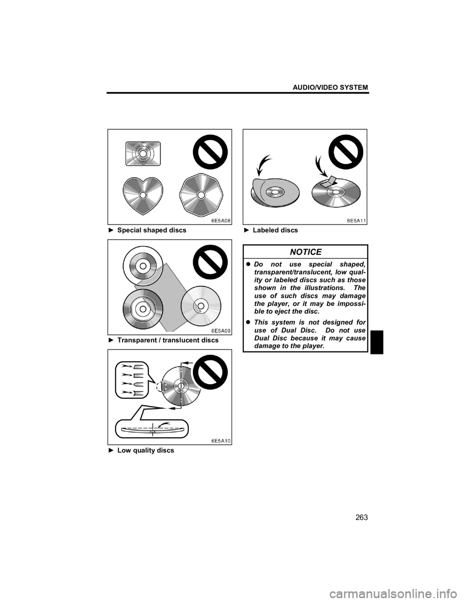 TOYOTA xD 2011  Accessories, Audio & Navigation (in English) AUDIO/VIDEO SYSTEM 
263 
V573_E 
 
 
► Special shaped discs 
 
►  Transparent / translucent discs 
 
►  Low quality discs 
 
►  Labeled discs 
 
NOTICE 
�z  Do not use special shaped, 
transpa