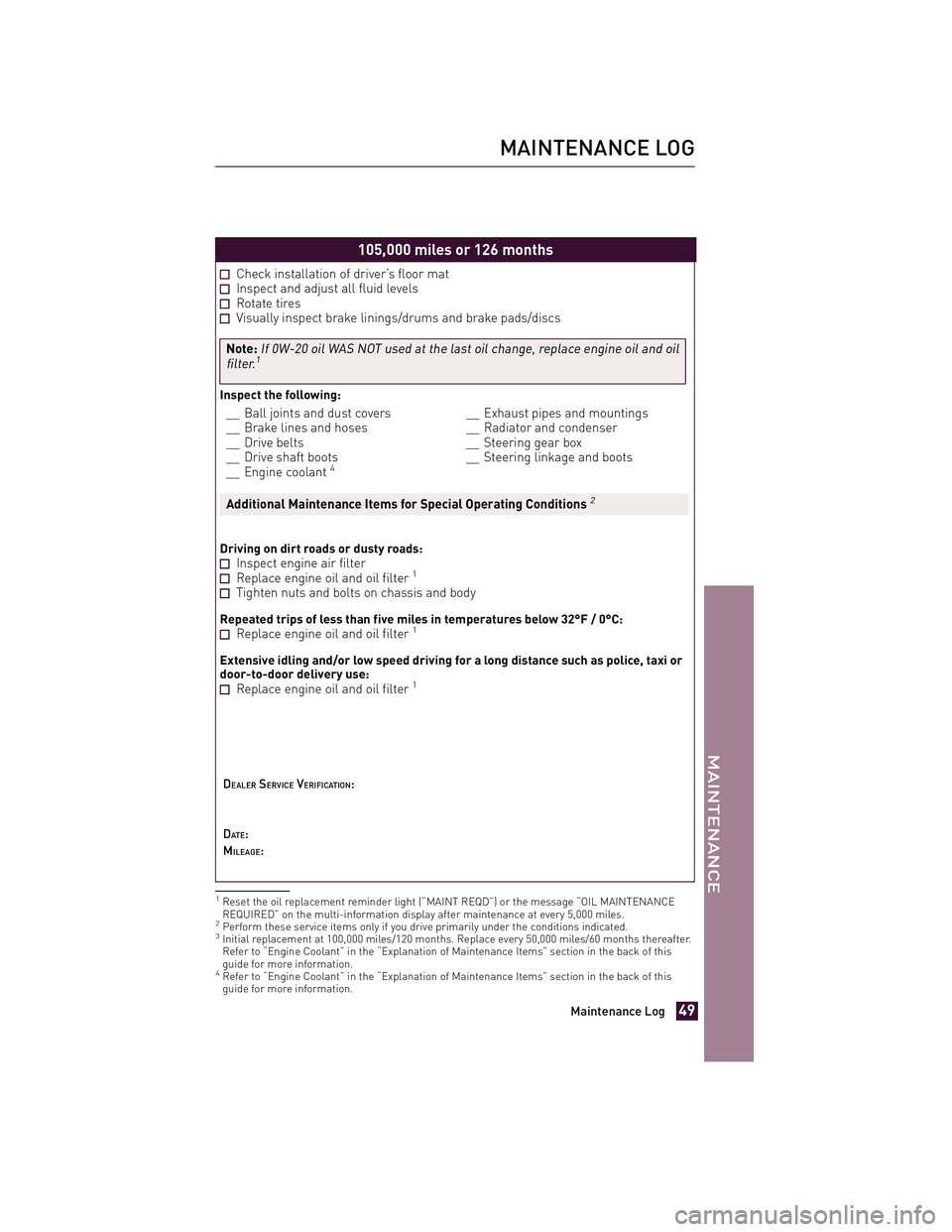 TOYOTA xD 2011 Warranties & Maintenance Guides (in English) JOBNAME: 317108-2011-sxd-toyw PAGE: 49 SESS: 11 OUTPUT: Tue Jul 13 14:40:01 2010
/tweddle/toyota/sched-maint/317108-en-sxd/wg
105,000 miles or 126 months
Check installation of driver’s floor matInsp TOYOTA xD 2011 Warranties & Maintenance Guides (in English) JOBNAME: 317108-2011-sxd-toyw PAGE: 49 SESS: 11 OUTPUT: Tue Jul 13 14:40:01 2010
/tweddle/toyota/sched-maint/317108-en-sxd/wg
105,000 miles or 126 months
Check installation of driver’s floor matInsp