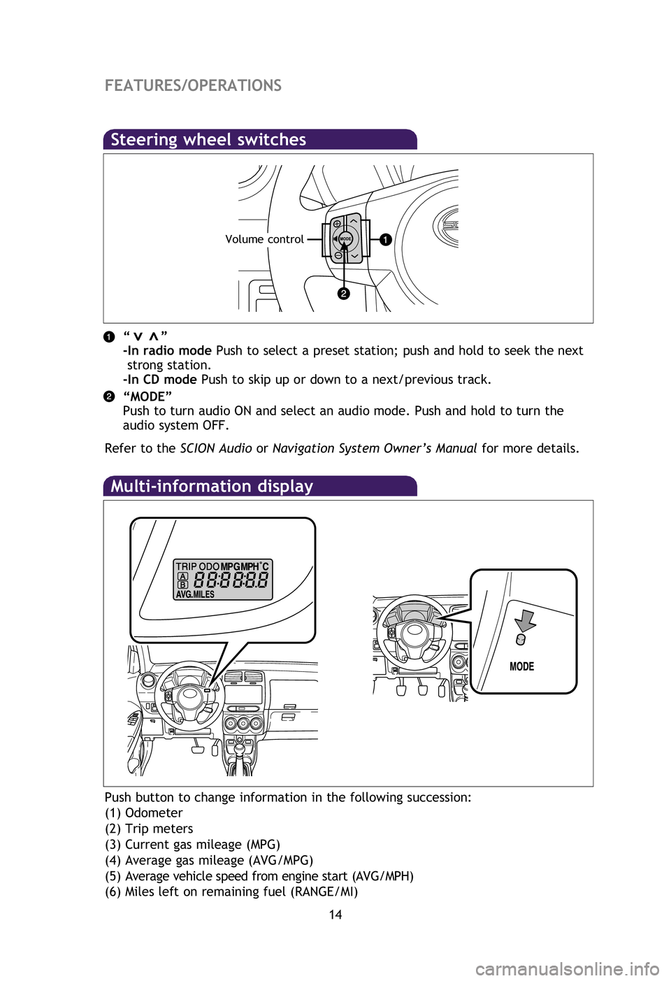 TOYOTA xD 2012 Owners Manual (in English) 14
FEATURES/OPERATIONS
Po
Desig
Bo
Fro
Multi-information display
Push button to change information in the following succession:
(1) Odometer
(2) Trip meters
(3) Current gas mileage (MPG)
(4) Average g TOYOTA xD 2012 Owners Manual (in English) 14
FEATURES/OPERATIONS
Po
Desig
Bo
Fro
Multi-information display
Push button to change information in the following succession:
(1) Odometer
(2) Trip meters
(3) Current gas mileage (MPG)
(4) Average g