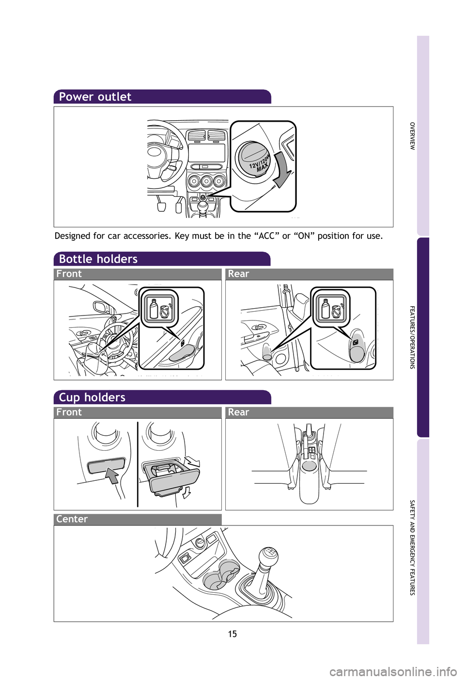 TOYOTA xD 2012 (in English) User Guide OVERVIEW
FEATURES/OPERATIONS
SAFETY AND EMERGENCY FEATURES
15
Power outlet
Designed for car accessories. Key must be in the “ACC” or “ON”\
position for use.
Bottle holders
FrontRear
Cup holde TOYOTA xD 2012 (in English) User Guide OVERVIEW
FEATURES/OPERATIONS
SAFETY AND EMERGENCY FEATURES
15
Power outlet
Designed for car accessories. Key must be in the “ACC” or “ON”\
position for use.
Bottle holders
FrontRear
Cup holde