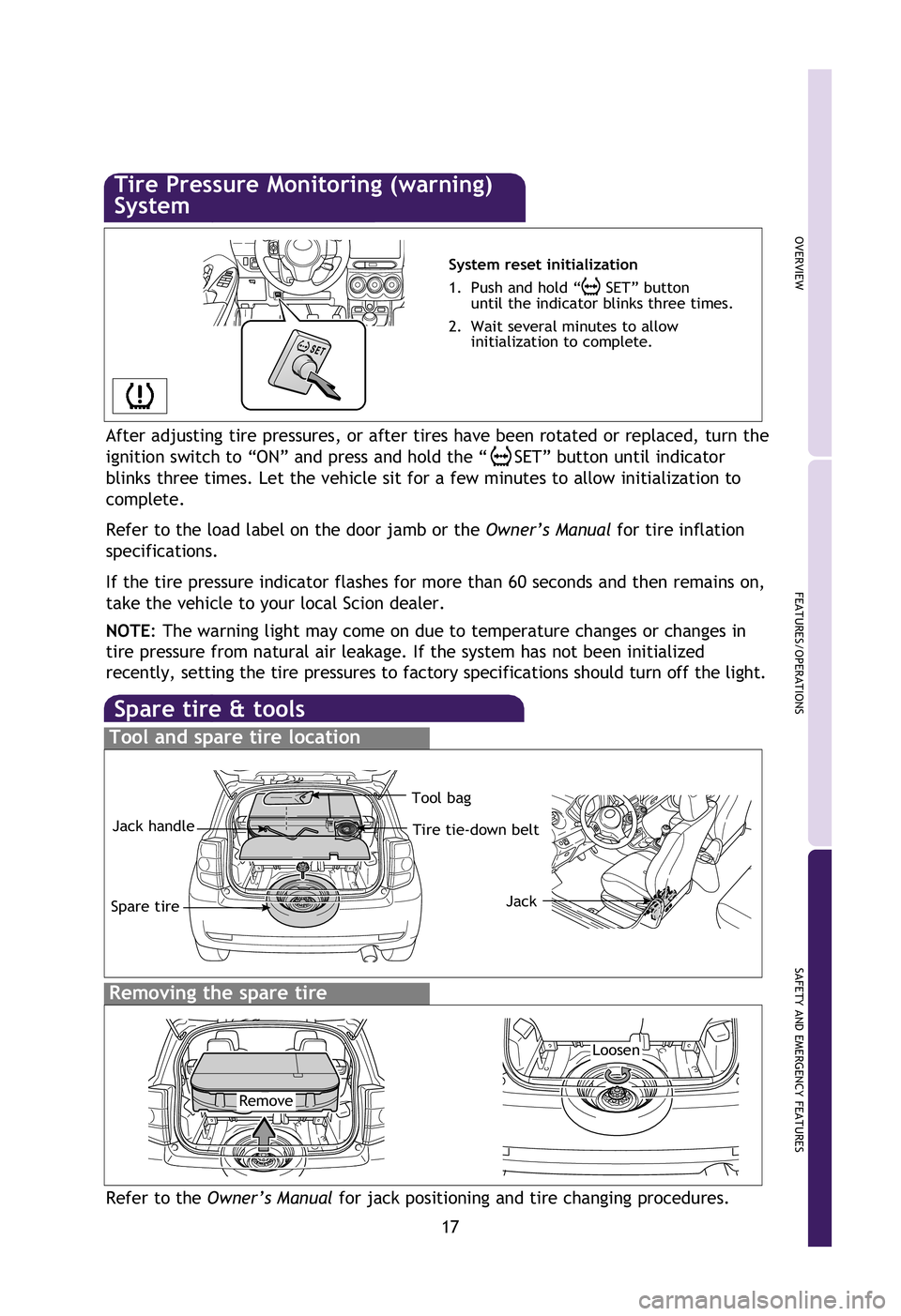 TOYOTA xD 2012 (in English) User Guide OVERVIEW
FEATURES/OPERATIONS
SAFETY AND EMERGENCY FEATURES
17
tside.
dld
Spare tire & tools
Tool and spare tire location
Removing the spare tire
Refer to the Owner’s Manual for jack positioning an TOYOTA xD 2012 (in English) User Guide OVERVIEW
FEATURES/OPERATIONS
SAFETY AND EMERGENCY FEATURES
17
tside.
dld
Spare tire & tools
Tool and spare tire location
Removing the spare tire
Refer to the Owner’s Manual for jack positioning an