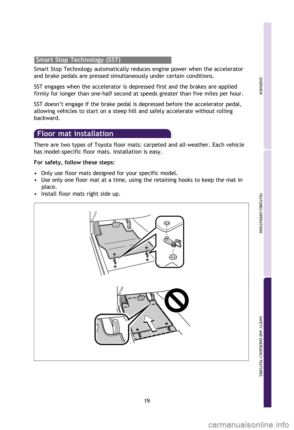TOYOTA xD 2012 (in English) Owners Manual OVERVIEW
FEATURES/OPERATIONS
SAFETY AND EMERGENCY FEATURES
19
There are two types of Toyota floor mats: carpeted and all-weather. Each vehicle
has model-specific floor mats. Installation is easy.
For TOYOTA xD 2012 (in English) Owners Manual OVERVIEW
FEATURES/OPERATIONS
SAFETY AND EMERGENCY FEATURES
19
There are two types of Toyota floor mats: carpeted and all-weather. Each vehicle
has model-specific floor mats. Installation is easy.
For
