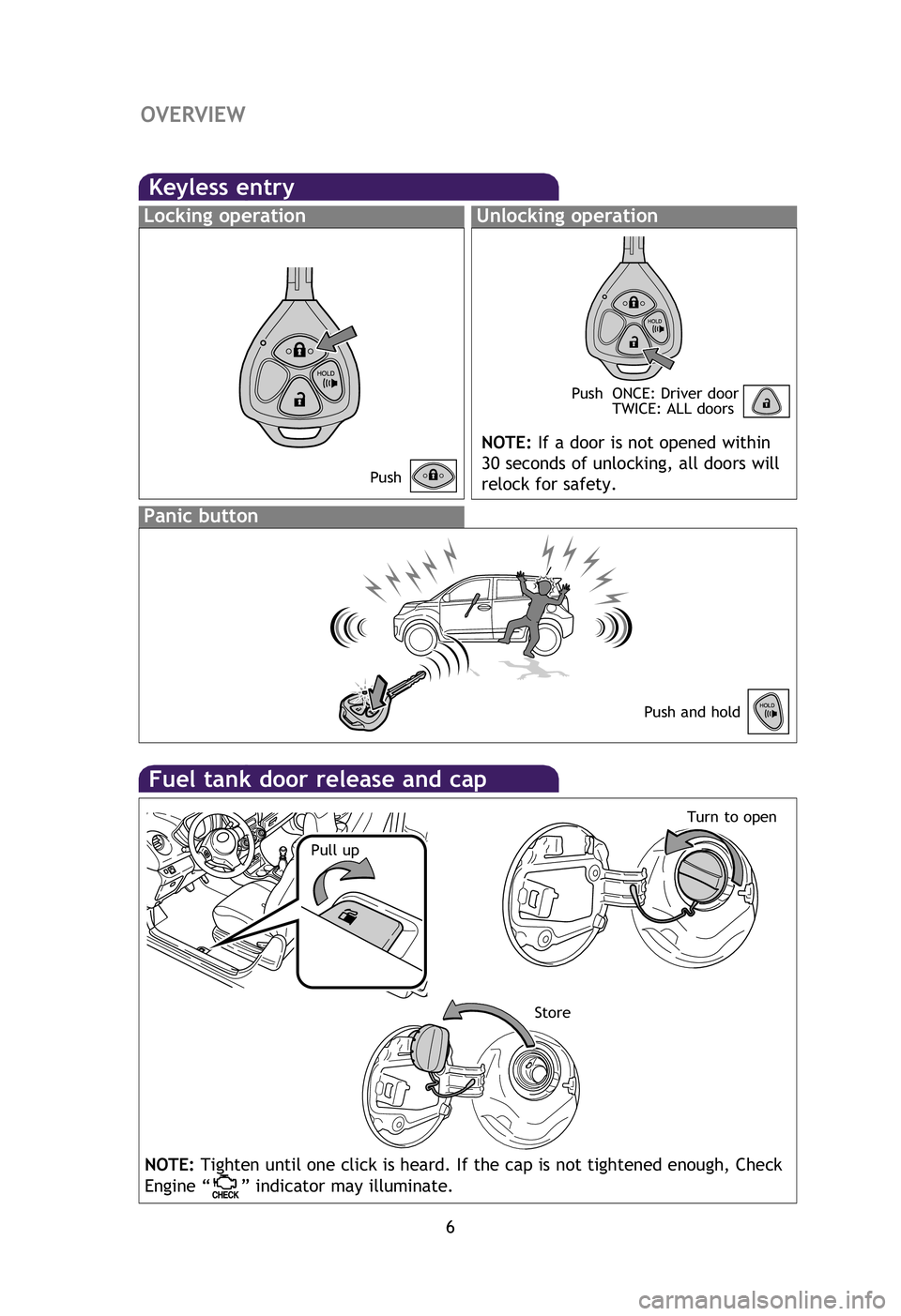 TOYOTA xD 2012 Owners Manual (in English) 6
OVERVIEW
Fuel tank door release and cap
Pull upStoreTurn to open
Keyless entry
Locking operationUnlocking operation
NOTE:
If a door is not opened within
30 seconds of unlocking, all doors will
reloc TOYOTA xD 2012 Owners Manual (in English) 6
OVERVIEW
Fuel tank door release and cap
Pull upStoreTurn to open
Keyless entry
Locking operationUnlocking operation
NOTE:
If a door is not opened within
30 seconds of unlocking, all doors will
reloc