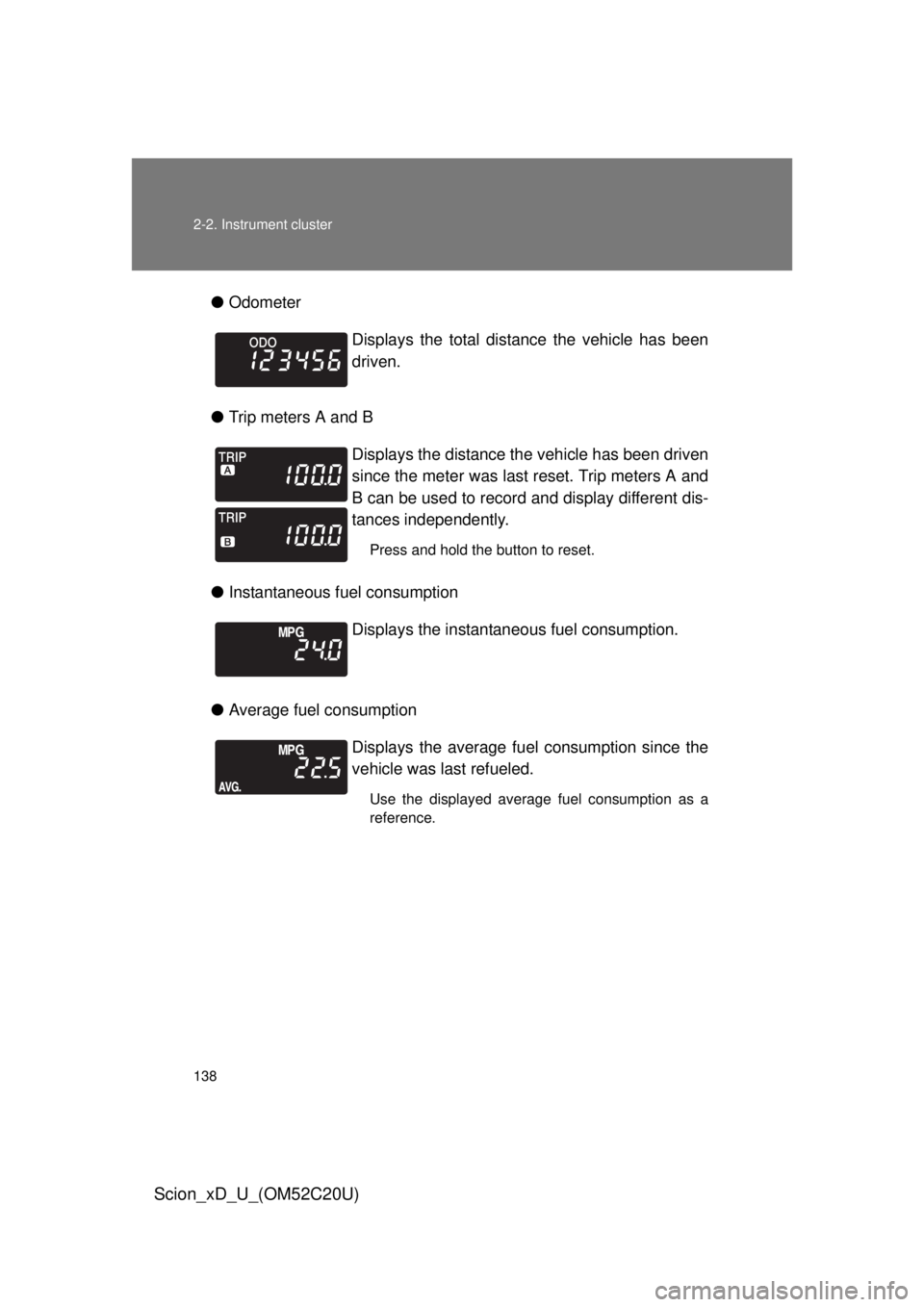 TOYOTA xD 2012  Owners Manual (in English) 138 2-2. Instrument cluster
Scion_xD_U_(OM52C20U)
●Odometer
● Trip meters A and B
● Instantaneous fuel consumption
● Average fuel consumption Displays the total distance the vehicle has been 
