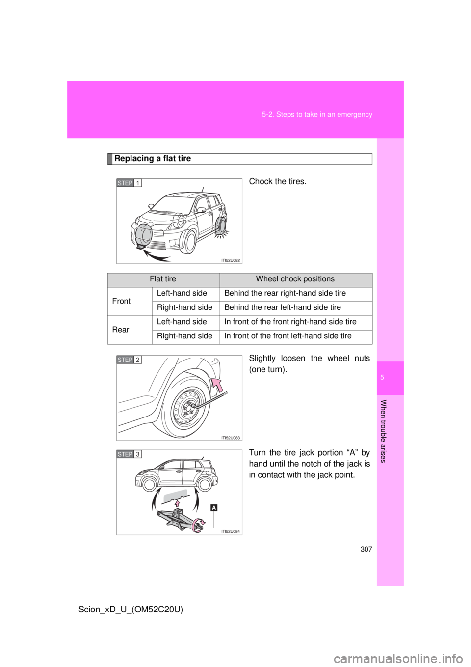 TOYOTA xD 2012  Owners Manual (in English) 5
When trouble arises
307
5-2. Steps to take in an emergency
Scion_xD_U_(OM52C20U)
Replacing a flat tire
Chock the tires.
Slightly loosen the wheel nuts 
(one turn).
Turn the tire jack portion “A”