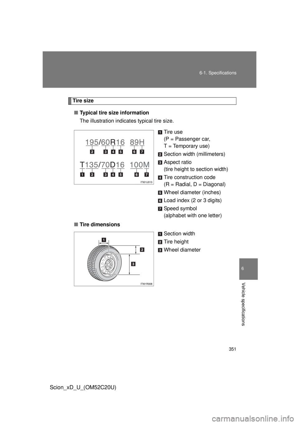 TOYOTA xD 2012  Owners Manual (in English) 351
6-1. Specifications
6
Vehicle specifications
Scion_xD_U_(OM52C20U)
Tire size
■ Typical tire size information
The illustration indicates typical tire size.
Tire use
(P = Passenger car,  
T 