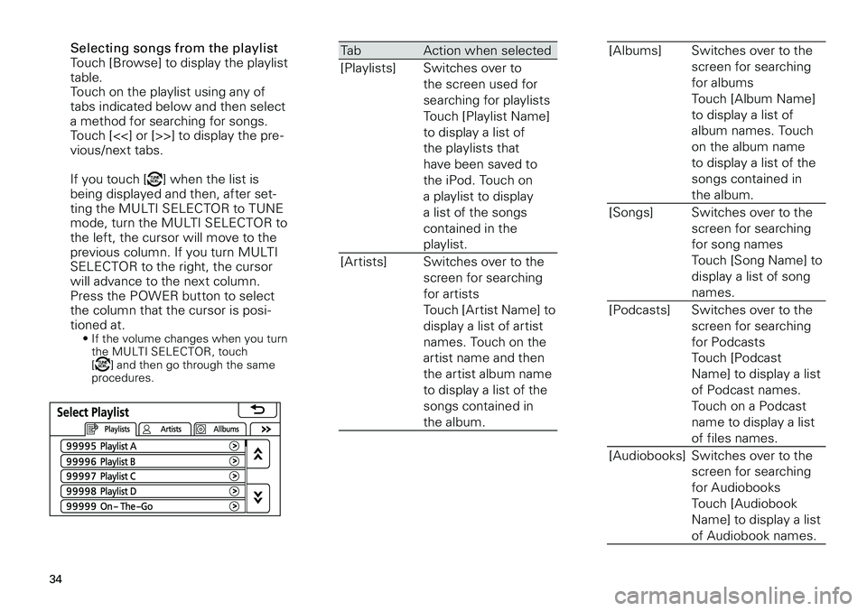 TOYOTA xD 2012  Accessories, Audio & Navigation (in English) 
34
<CRB3643-A/S>34

Selecting songs from the playlistTouch [Browse] to display the playlist table. Touch on the playlist using any of tabs indicated below and then select a method for searching for s