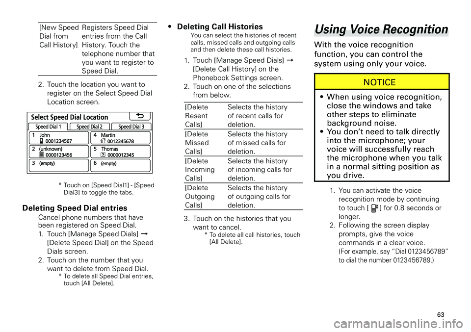 TOYOTA xD 2012  Accessories, Audio & Navigation (in English) 
63
<CRB3643-A/S>63

Deleting Call Histories
You can select the histories of recent calls, missed calls and outgoing calls and then delete these call histories.
1. Touch [Manage Speed Dials] d  
[Dele