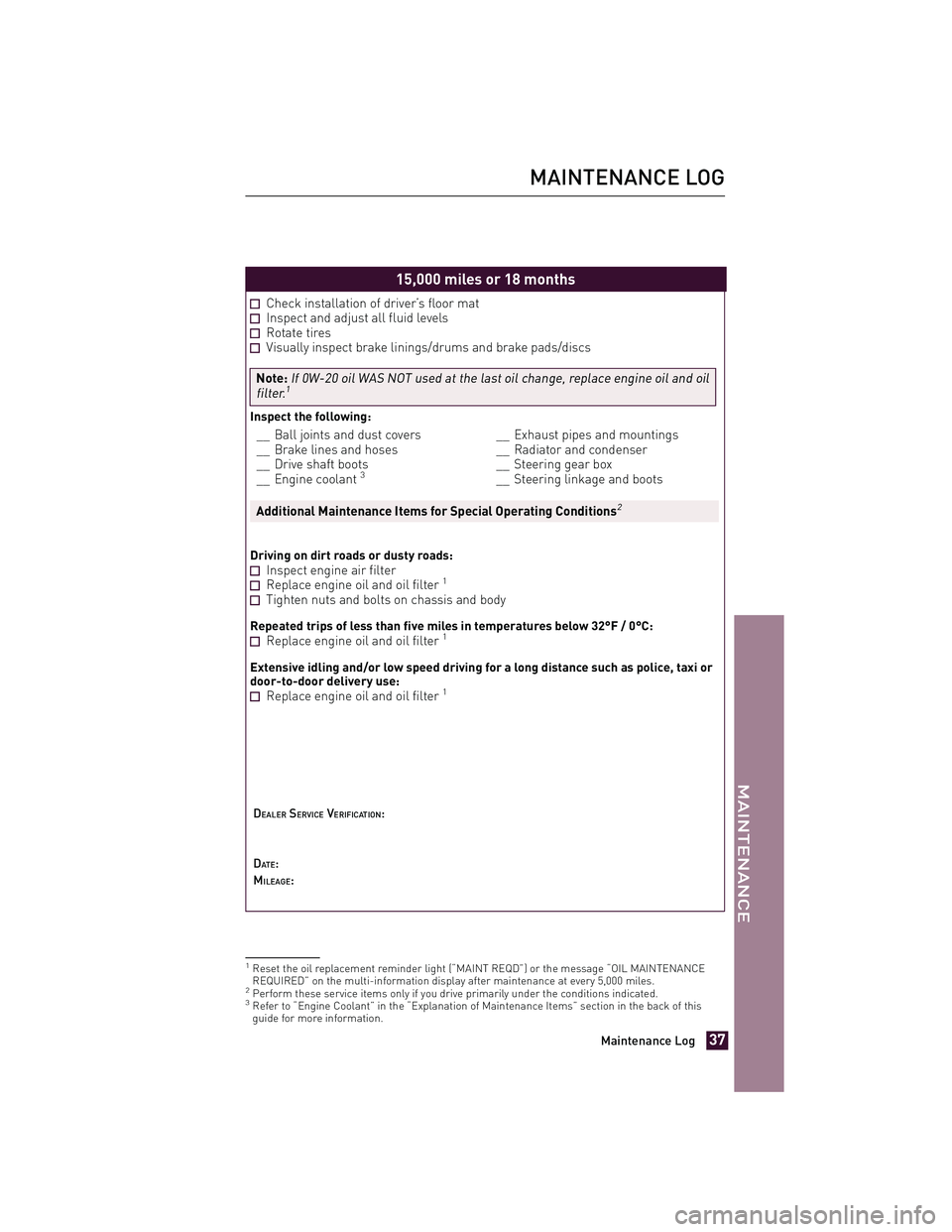 TOYOTA xD 2012 Warranties & Maintenance Guides (in English) 15,000 miles or 18 months
Check installation of driver’s floor matInspect and adjust all fluid levelsRotate tiresVisually inspect brake linings/drums and brake pads/discs
Note:
If 0W-20 oil WAS NOT TOYOTA xD 2012 Warranties & Maintenance Guides (in English) 15,000 miles or 18 months
Check installation of driver’s floor matInspect and adjust all fluid levelsRotate tiresVisually inspect brake linings/drums and brake pads/discs
Note:
If 0W-20 oil WAS NOT