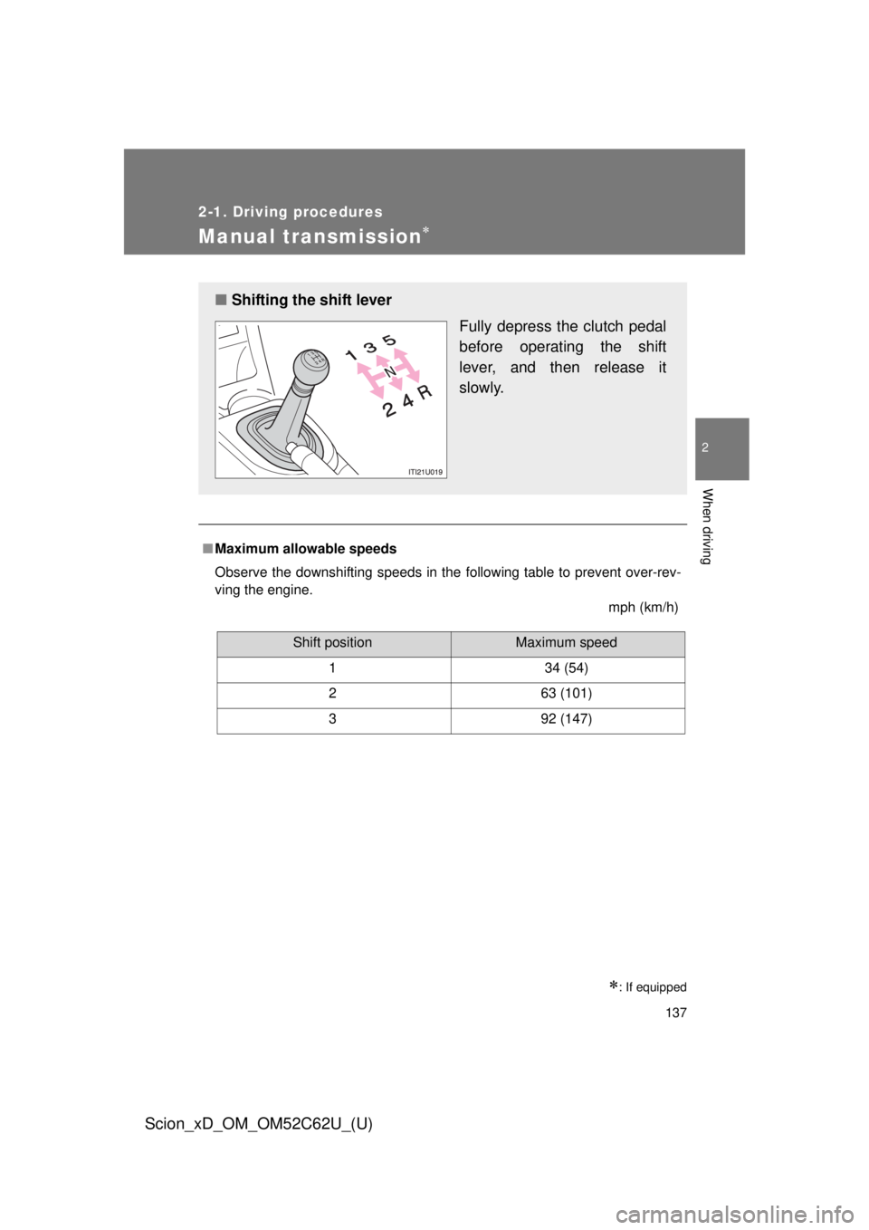 TOYOTA xD 2013  Owners Manual (in English) 137
2-1. Driving procedures
2
When driving
Scion_xD_OM_OM52C62U_(U)
Manual transmission
: If equipped
■Maximum allowable speeds
Observe the downshifting speeds in the following table to preven