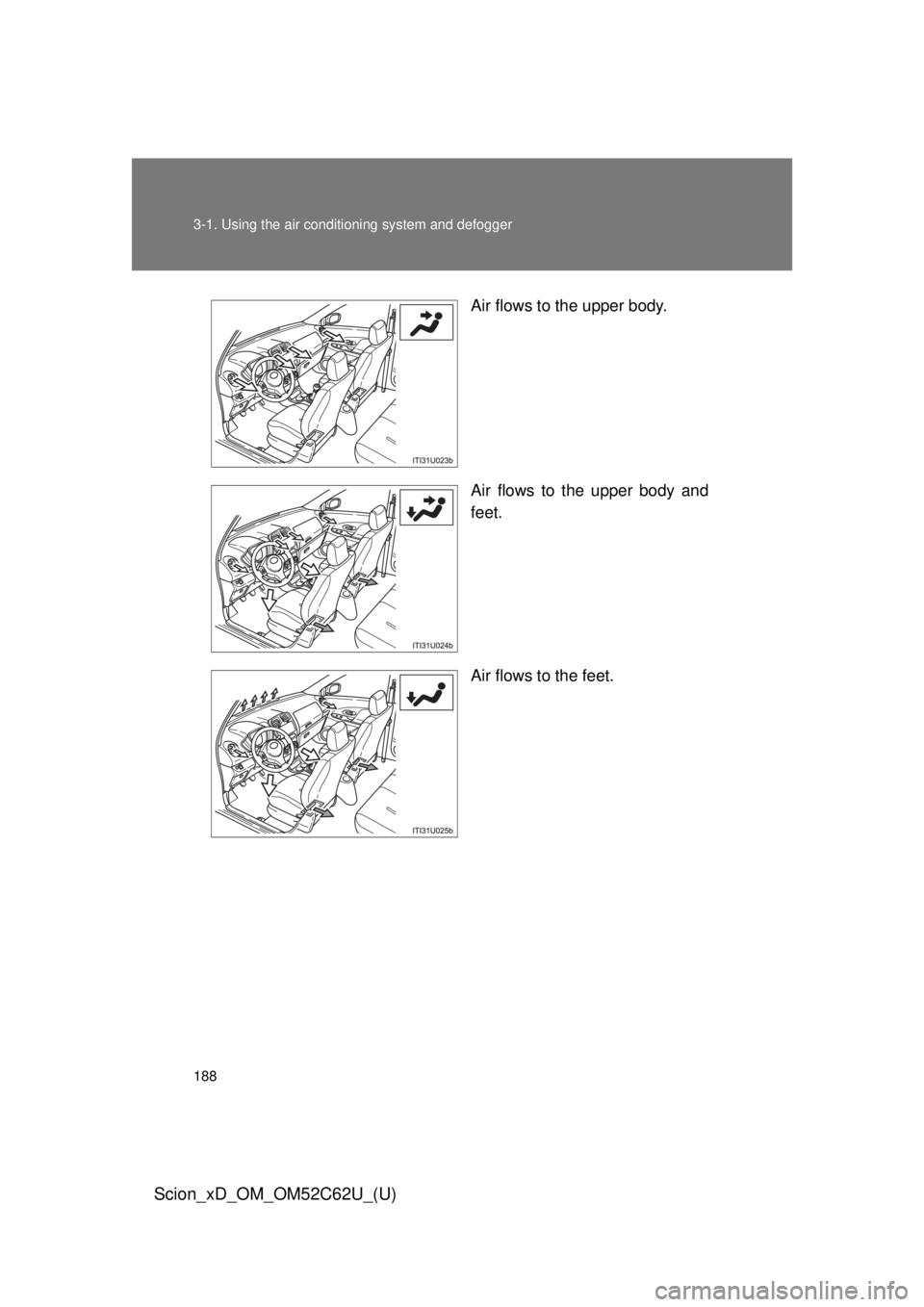 TOYOTA xD 2013  Owners Manual (in English) 188 3-1. Using the air conditioning system and defogger
Scion_xD_OM_OM52C62U_(U)
Air flows to the upper body.
Air flows to the upper body and
feet.
Air flows to the feet. 