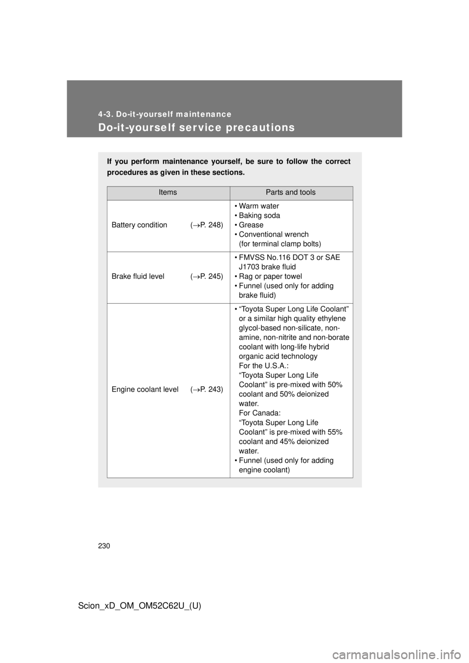 TOYOTA xD 2013 Owners Manual (in English) 230
Scion_xD_OM_OM52C62U_(U)
4-3. Do-it-yourself maintenance
Do-it-yourself ser vice precautions
If you perform maintenance yourself, be sure to follow the correct
procedures as given in these section TOYOTA xD 2013 Owners Manual (in English) 230
Scion_xD_OM_OM52C62U_(U)
4-3. Do-it-yourself maintenance
Do-it-yourself ser vice precautions
If you perform maintenance yourself, be sure to follow the correct
procedures as given in these section