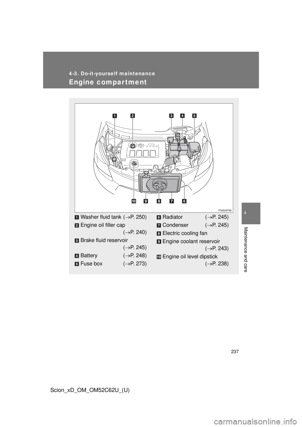 TOYOTA xD 2013  Owners Manual (in English) 237
4-3. Do-it-yourself maintenance
4
Maintenance and care
Scion_xD_OM_OM52C62U_(U)
Engine compar tment
Washer fluid tank (P. 250)
Engine oil filler cap ( P. 240)
Brake fluid reservoir ( P. 2