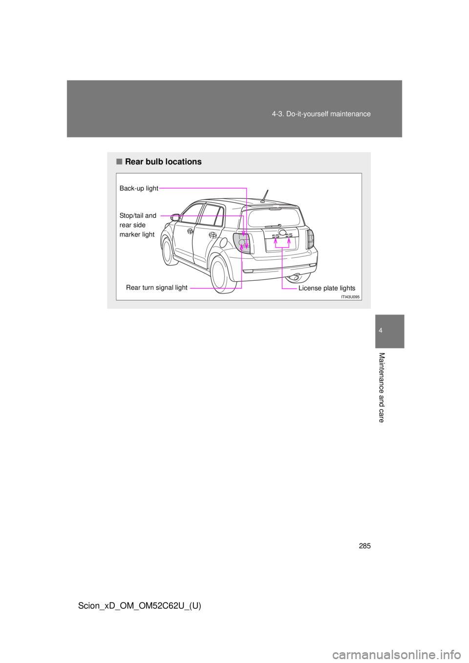 TOYOTA xD 2013  Owners Manual (in English) 285
4-3. Do-it-yourself maintenance
4
Maintenance and care
Scion_xD_OM_OM52C62U_(U)
■
Rear bulb locations
Back-up light 
License plate lights
Stop/tail and
rear side
marker light
Rear turn signal li