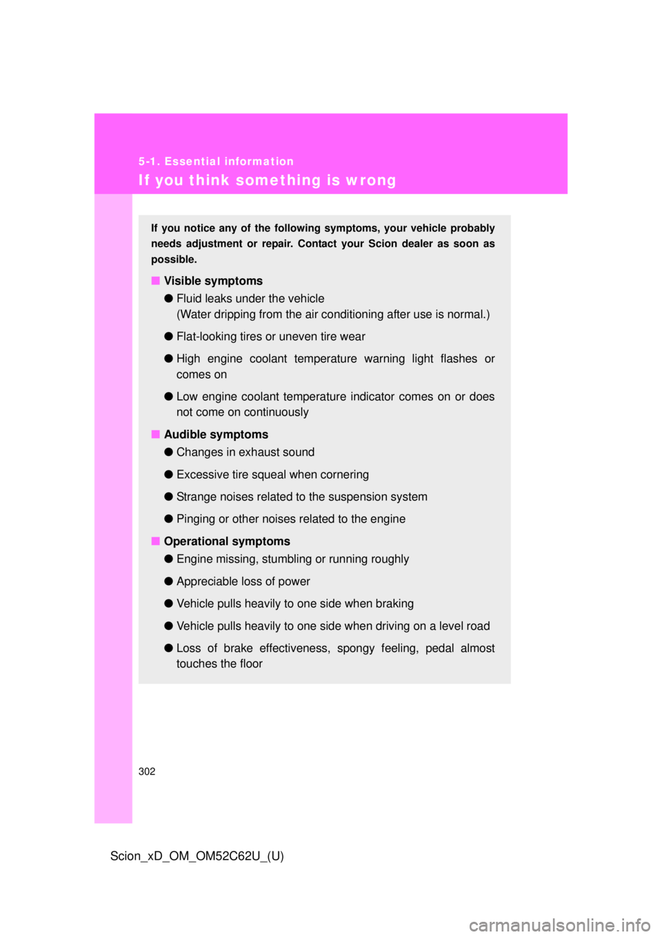 TOYOTA xD 2013  Owners Manual (in English) 302
5-1. Essential information
Scion_xD_OM_OM52C62U_(U)
If you think something is wrong
If you notice any of the following symptoms, your vehicle probably
needs adjustment or repair. Cont act your Sci
