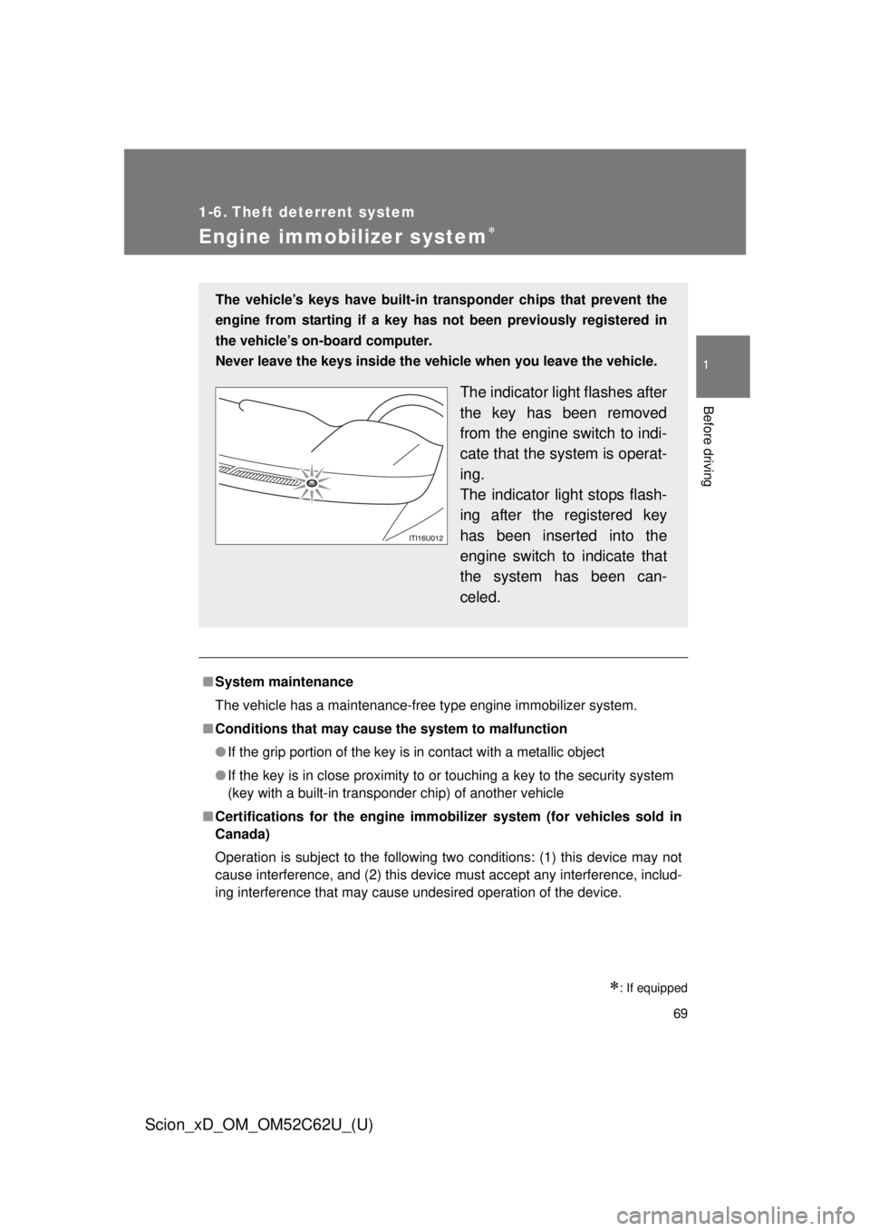 TOYOTA xD 2013 (in English) Repair Manual 69
1
Before driving
Scion_xD_OM_OM52C62U_(U)
1-6. Theft deterrent system
Engine immobilizer system
: If equipped
■System maintenance
The vehicle has a maintenance-free type engine immobilizer TOYOTA xD 2013 (in English) Repair Manual 69
1
Before driving
Scion_xD_OM_OM52C62U_(U)
1-6. Theft deterrent system
Engine immobilizer system
: If equipped
■System maintenance
The vehicle has a maintenance-free type engine immobilizer