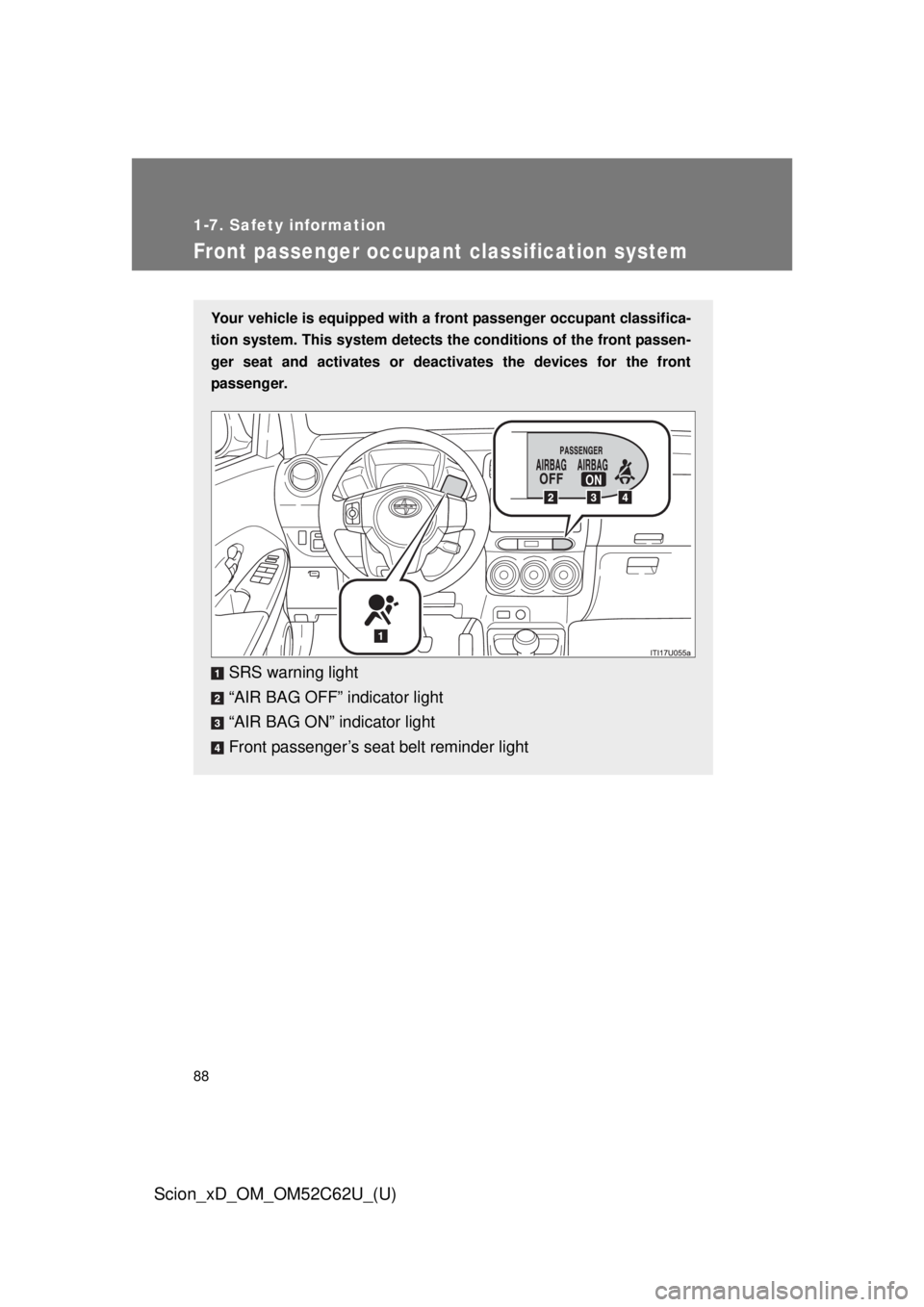 TOYOTA xD 2013   (in English) Manual Online 88
1-7. Safety information
Scion_xD_OM_OM52C62U_(U)
Front passenger occupant classification system
Your vehicle is equipped with a front passenger occupant classifica-
tion system. This system detects