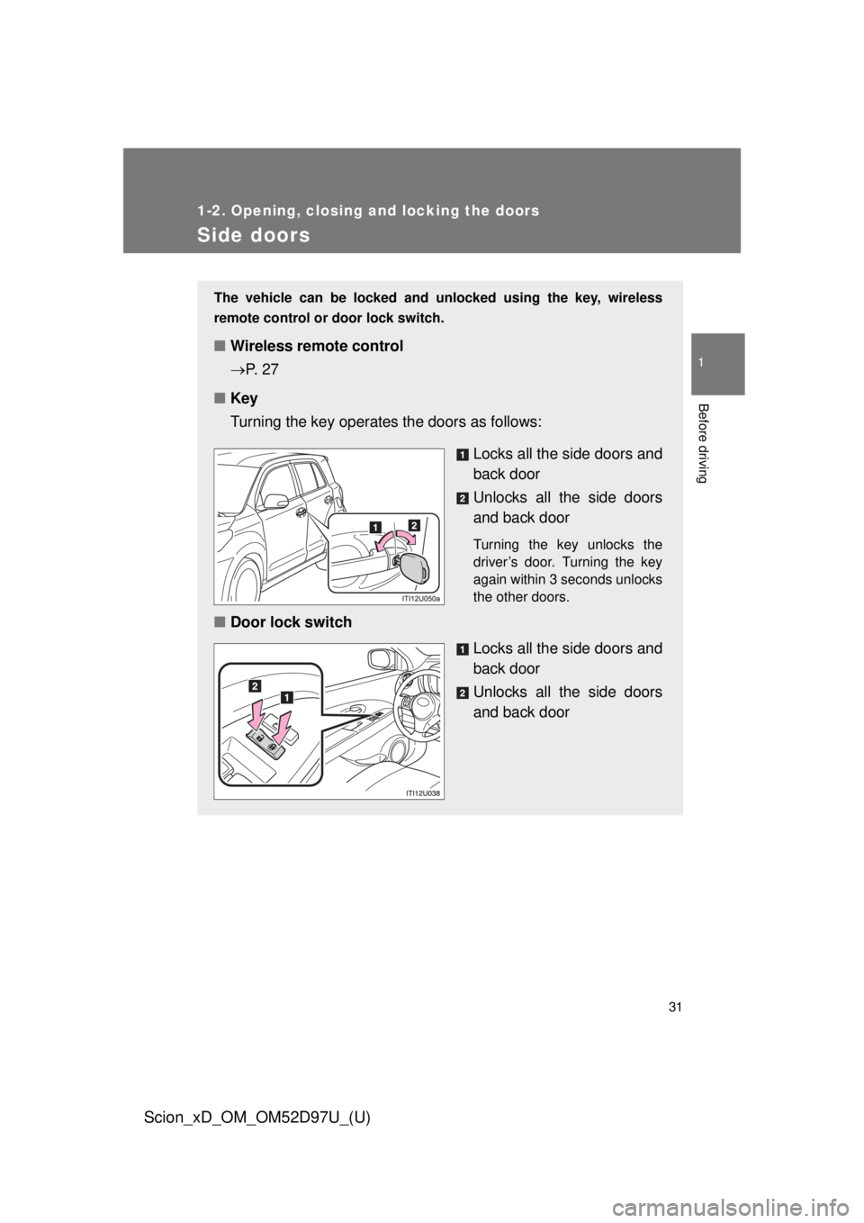 TOYOTA xD 2013   (in English) Owners Guide 31
1
1-2. Opening, closing and locking the doors
Before driving
Scion_xD_OM_OM52D97U_(U)
Side doors
The vehicle can be locked and unlocked using the key, wireless
remote control or door lock switch.

