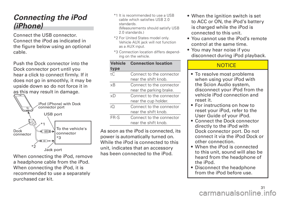 TOYOTA xD 2013  Accessories, Audio & Navigation (in English) 31
<CRB3839-A/S>31
Connecting the iPod 
(iPhone)
Connect the USB connector. 
Connect the iPod as indicated in 
the figure below using an optional 
cable.
Push the Dock connector into the 
Dock connect