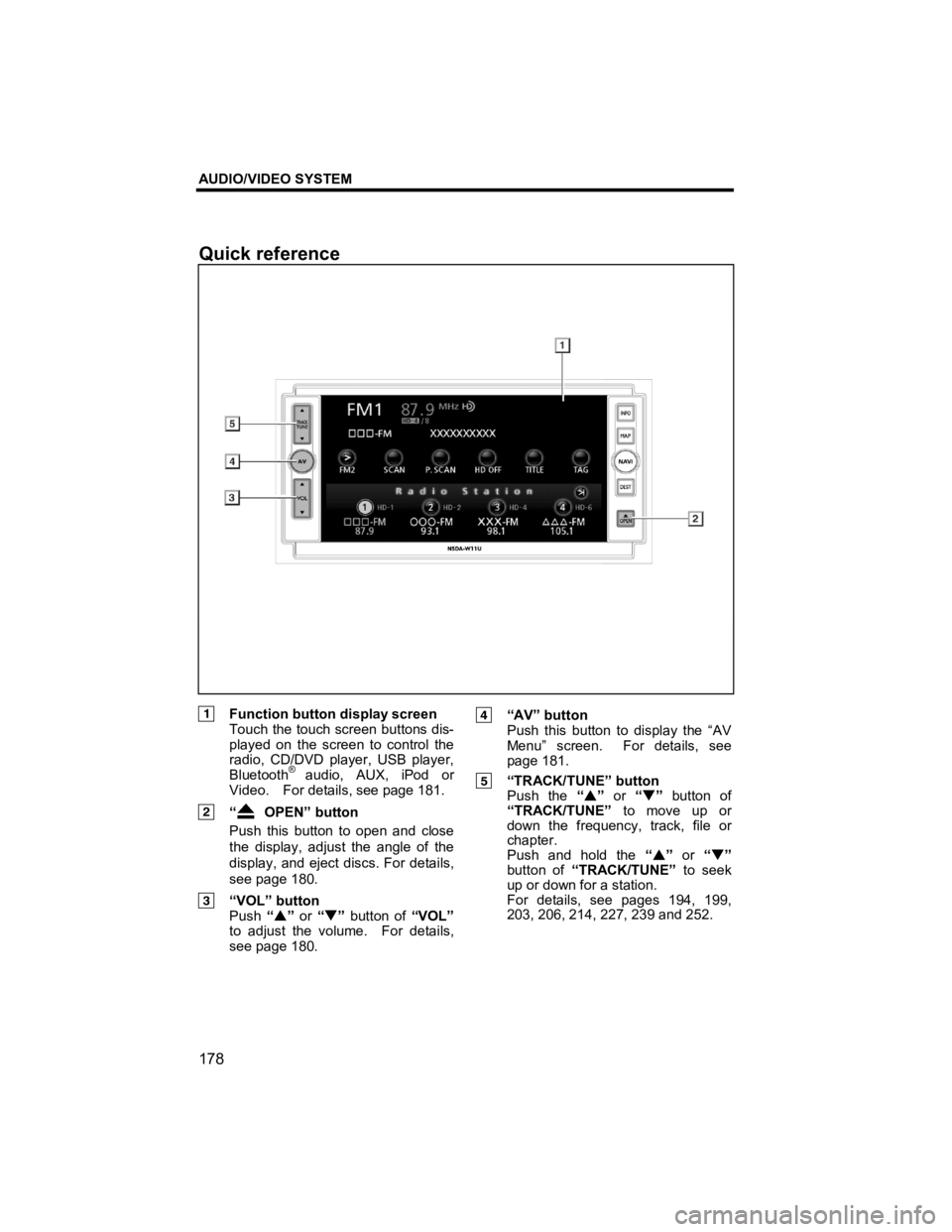 TOYOTA xD 2013  Accessories, Audio & Navigation (in English) AUDIO/VIDEO SYSTEM 
178 
V573_E 
 
 
 
 
 
  Function button display screen  Touch the touch screen buttons dis-
played on the screen to control the 
radio, CD/DVD player, USB player, 
Bluetooth
® au