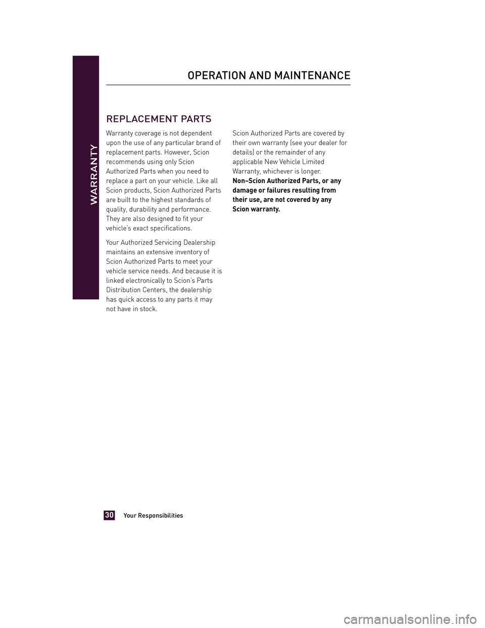 TOYOTA xD 2013 Warranties & Maintenance Guides (in English) JOBNAME: 1139983-2013-sxdWG-E PAGE: 30 SESS: 11 OUTPUT: Tue Jul 31 13:18:48 2012
/tweddle/toyota/sched-maint/1139983-en-sxd/wg
REPLACEMENT PARTS
Warranty coverage is not dependent
upon the use of any TOYOTA xD 2013 Warranties & Maintenance Guides (in English) JOBNAME: 1139983-2013-sxdWG-E PAGE: 30 SESS: 11 OUTPUT: Tue Jul 31 13:18:48 2012
/tweddle/toyota/sched-maint/1139983-en-sxd/wg
REPLACEMENT PARTS
Warranty coverage is not dependent
upon the use of any