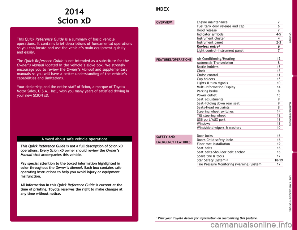 TOYOTA xD 2014 Owners Manual (in English) OVERVIEW
FEATURES/OPERATIONS
SAFETY AND EMERGENCY FEATURES
1
This Quick Reference Guide is a summary of basic vehicle
operations. It contains brief descriptions of fundamental operations
so you can TOYOTA xD 2014 Owners Manual (in English) OVERVIEW
FEATURES/OPERATIONS
SAFETY AND EMERGENCY FEATURES
1
This Quick Reference Guide is a summary of basic vehicle
operations. It contains brief descriptions of fundamental operations
so you can