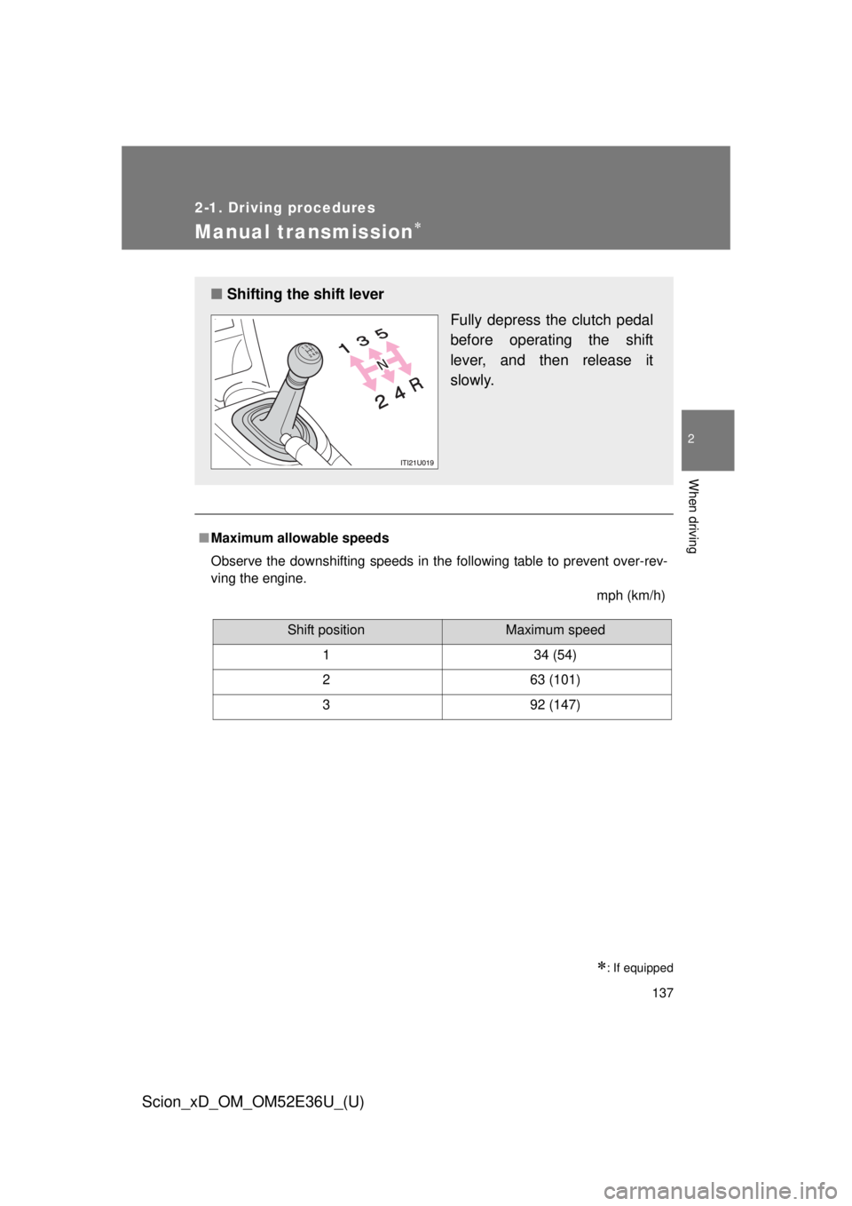 TOYOTA xD 2014  Owners Manual (in English) 137
2-1. Driving procedures
2
When driving
Scion_xD_OM_OM52E36U_(U)
Manual transmission
: If equipped
■Maximum allowable speeds
Observe the downshifting speeds in the following table to preven
