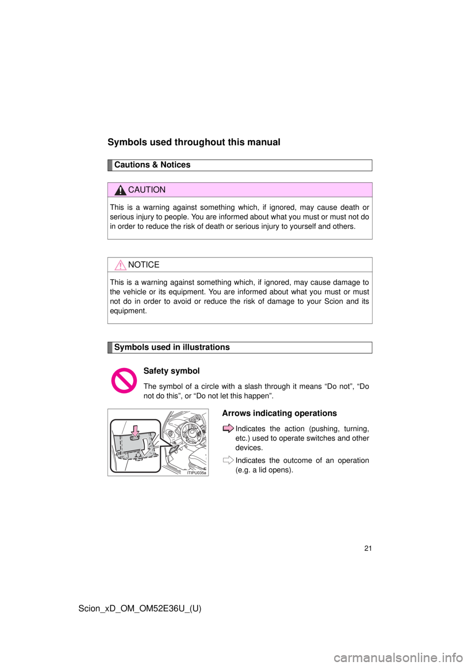 TOYOTA xD 2014   (in English) Owners Manual 21
Scion_xD_OM_OM52E36U_(U)
Symbols used throughout this manual
Cautions & Notices 
Symbols used in illustrations
CAUTION
This is a warning against something which, if ignored, may cause death or
seri