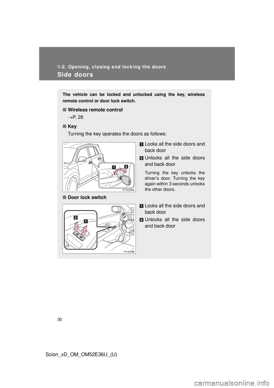 TOYOTA xD 2014   (in English) Owners Manual 30
1-2. Opening, closing and locking the doors
Scion_xD_OM_OM52E36U_(U)
Side doors
The vehicle can be locked and unlocked using the key, wireless
remote control or door lock switch.
■Wireless remote