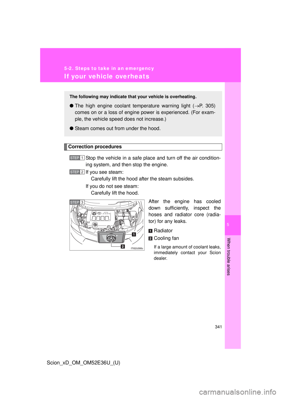 TOYOTA xD 2014  Owners Manual (in English) 5
When trouble arises
341
5-2. Steps to take in an emergency
Scion_xD_OM_OM52E36U_(U)
If your vehicle overheats
Correction proceduresStop the vehicle in a safe place  and turn off the air condition-
i