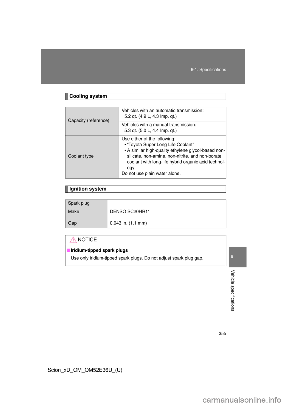 TOYOTA xD 2014  Owners Manual (in English) 355
6-1. Specifications
6
Vehicle specifications
Scion_xD_OM_OM52E36U_(U)
Cooling system
Ignition system
Capacity (reference)
Vehicles with an automatic transmission:
5.2 qt. (4.9 L, 4.3 Imp. qt.)
Veh