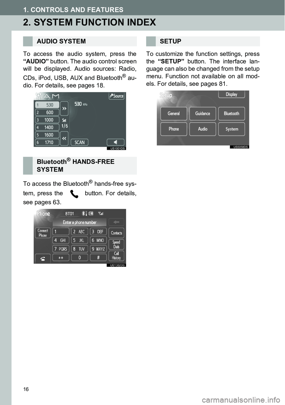 TOYOTA xD 2014 Accessories, Audio & Navigation (in English) 16
1. CONTROLS AND FEATURES
2. SYSTEM FUNCTION INDEX
To access the audio system, press the
“AUDIO” button. The audio control screen
will be displayed. Audio sources: Radio,
CDs, iPod, USB, AUX and TOYOTA xD 2014 Accessories, Audio & Navigation (in English) 16
1. CONTROLS AND FEATURES
2. SYSTEM FUNCTION INDEX
To access the audio system, press the
“AUDIO” button. The audio control screen
will be displayed. Audio sources: Radio,
CDs, iPod, USB, AUX and