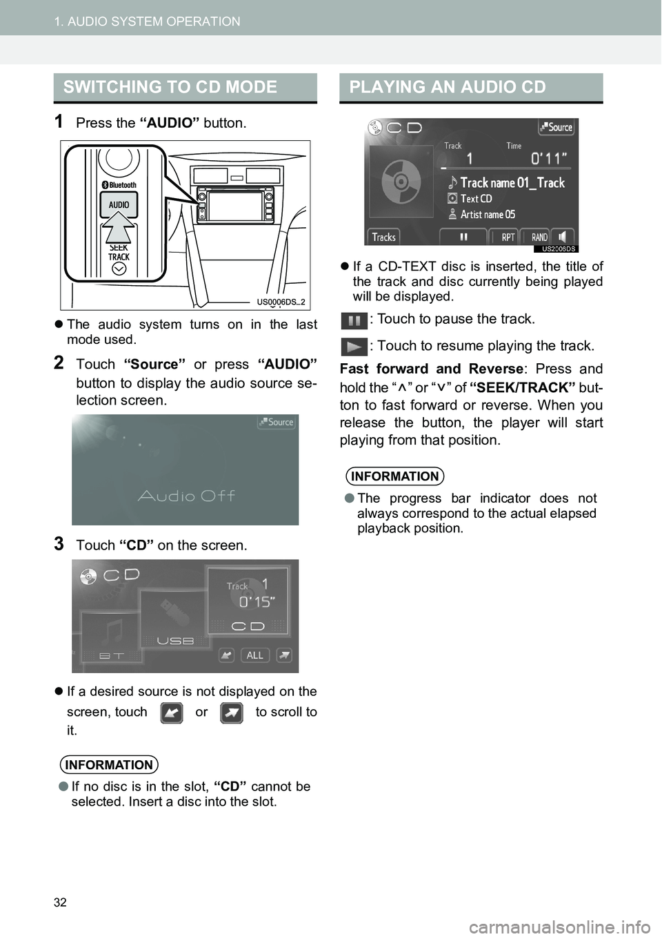 TOYOTA xD 2014  Accessories, Audio & Navigation (in English) 32
1. AUDIO SYSTEM OPERATION
1Press the “AUDIO” button.
�zThe audio system turns on in the last
mode used.
2Touch “Source” or press “AUDIO”
button to display the audio source se-
lection s