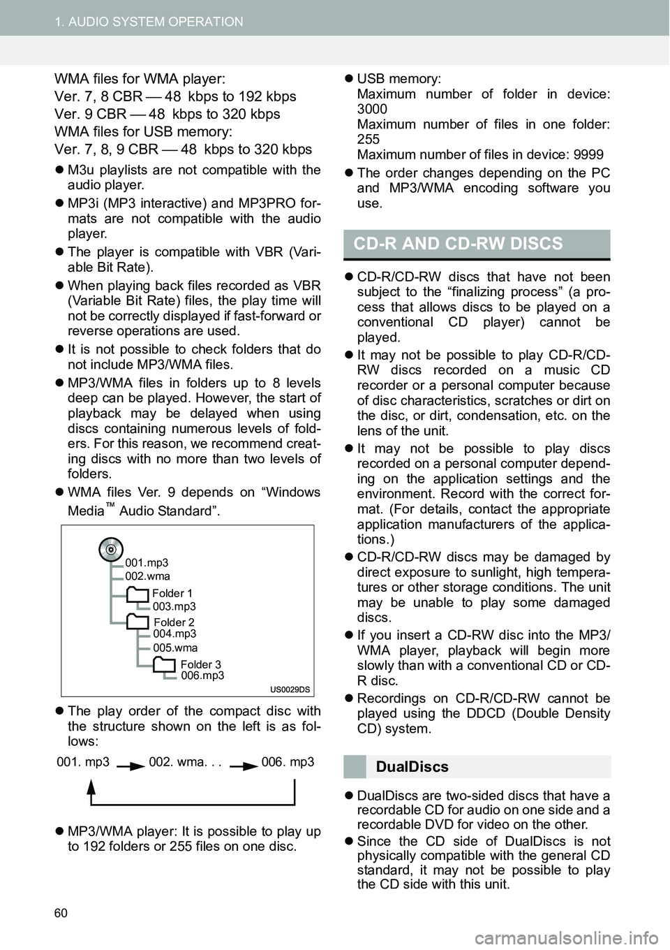 TOYOTA xD 2014  Accessories, Audio & Navigation (in English) 60
1. AUDIO SYSTEM OPERATION
WMA files for WMA player:
Ver. 7, 8 CBR  48 kbps to 192 kbps
Ver. 9 CBR  48 kbps to 320 kbps
WMA files for USB memory:
Ver. 7, 8, 9 CBR  48 kbps to 320 kbps
�zM3u