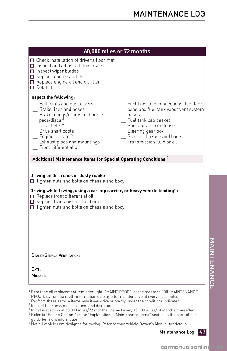 TOYOTA xD 2014  Warranties & Maintenance Guides (in English) JOBNAME: 1491495-2014-sxdWG-E PAGE: 43 SESS: 11 OUTPUT: Fri Jul 12 10:32:46 2013 
/tweddle/toyota/sched-maint/1491495-en-sxd/wg
60,000 miles or 72 months
Check installation of driver’s floor matInsp