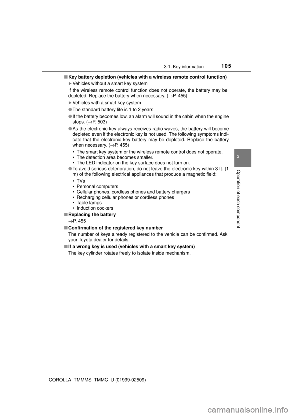 TOYOTA COROLLA 2018  Owners Manual (in English) 1053-1. Key information
3
Operation of each component
COROLLA_TMMMS_TMMC_U (01999-02509)■
Key battery depletion (vehicles with  a wireless remote control function)
Vehicles without a smart key sy
