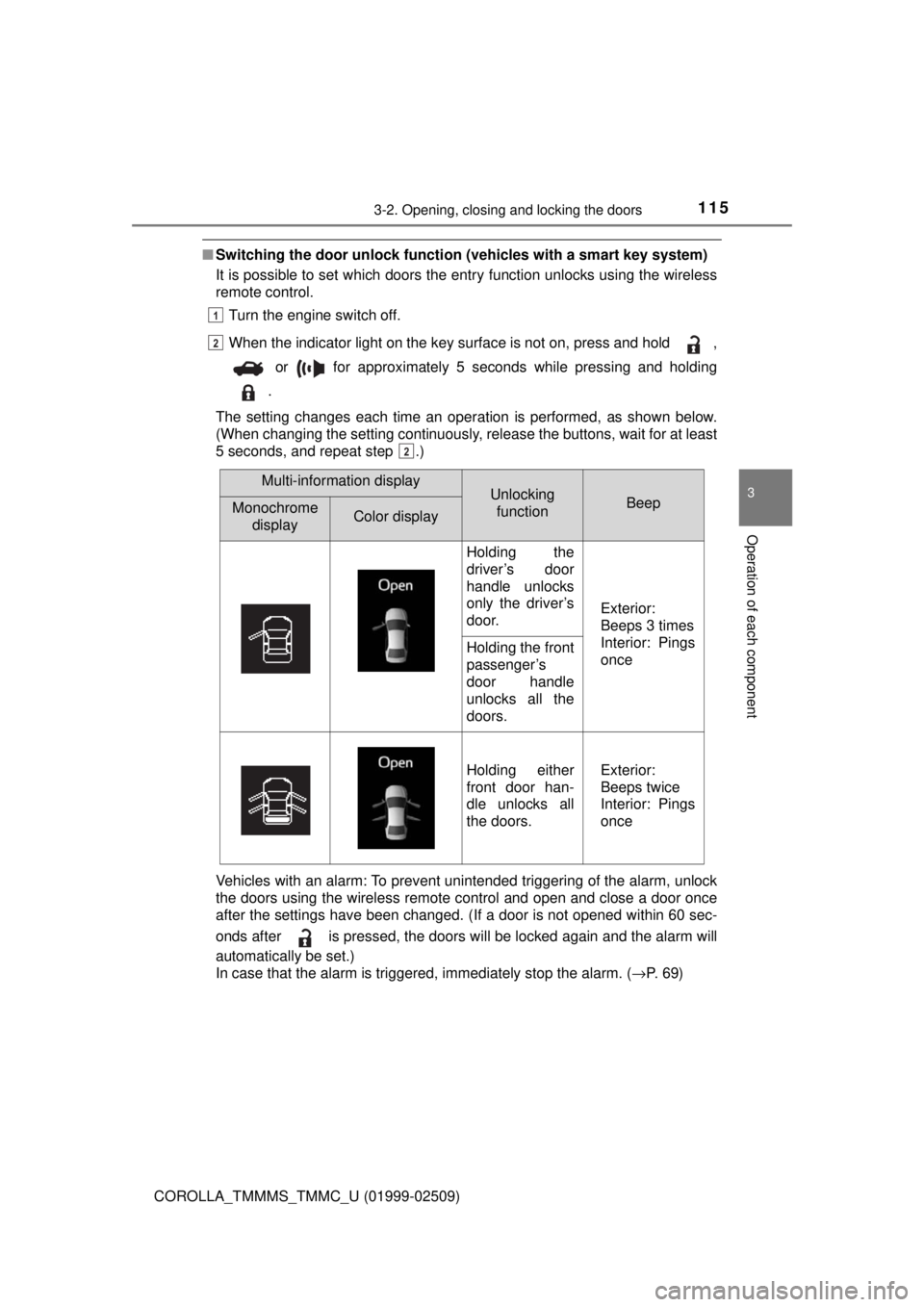 TOYOTA COROLLA 2018 Owners Manual (in English) 1153-2. Opening, closing and locking the doors
3
Operation of each component
COROLLA_TMMMS_TMMC_U (01999-02509)
■Switching the door unlock functi on (vehicles with a smart key system)
It is possible TOYOTA COROLLA 2018 Owners Manual (in English) 1153-2. Opening, closing and locking the doors
3
Operation of each component
COROLLA_TMMMS_TMMC_U (01999-02509)
■Switching the door unlock functi on (vehicles with a smart key system)
It is possible