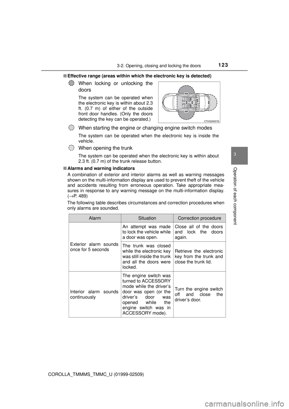 TOYOTA COROLLA 2018 Owners Manual (in English) 1233-2. Opening, closing and locking the doors
3
Operation of each component
COROLLA_TMMMS_TMMC_U (01999-02509)■
Effective range (areas within whic h the electronic key is detected)
■ Alarms and w TOYOTA COROLLA 2018 Owners Manual (in English) 1233-2. Opening, closing and locking the doors
3
Operation of each component
COROLLA_TMMMS_TMMC_U (01999-02509)■
Effective range (areas within whic h the electronic key is detected)
■ Alarms and w