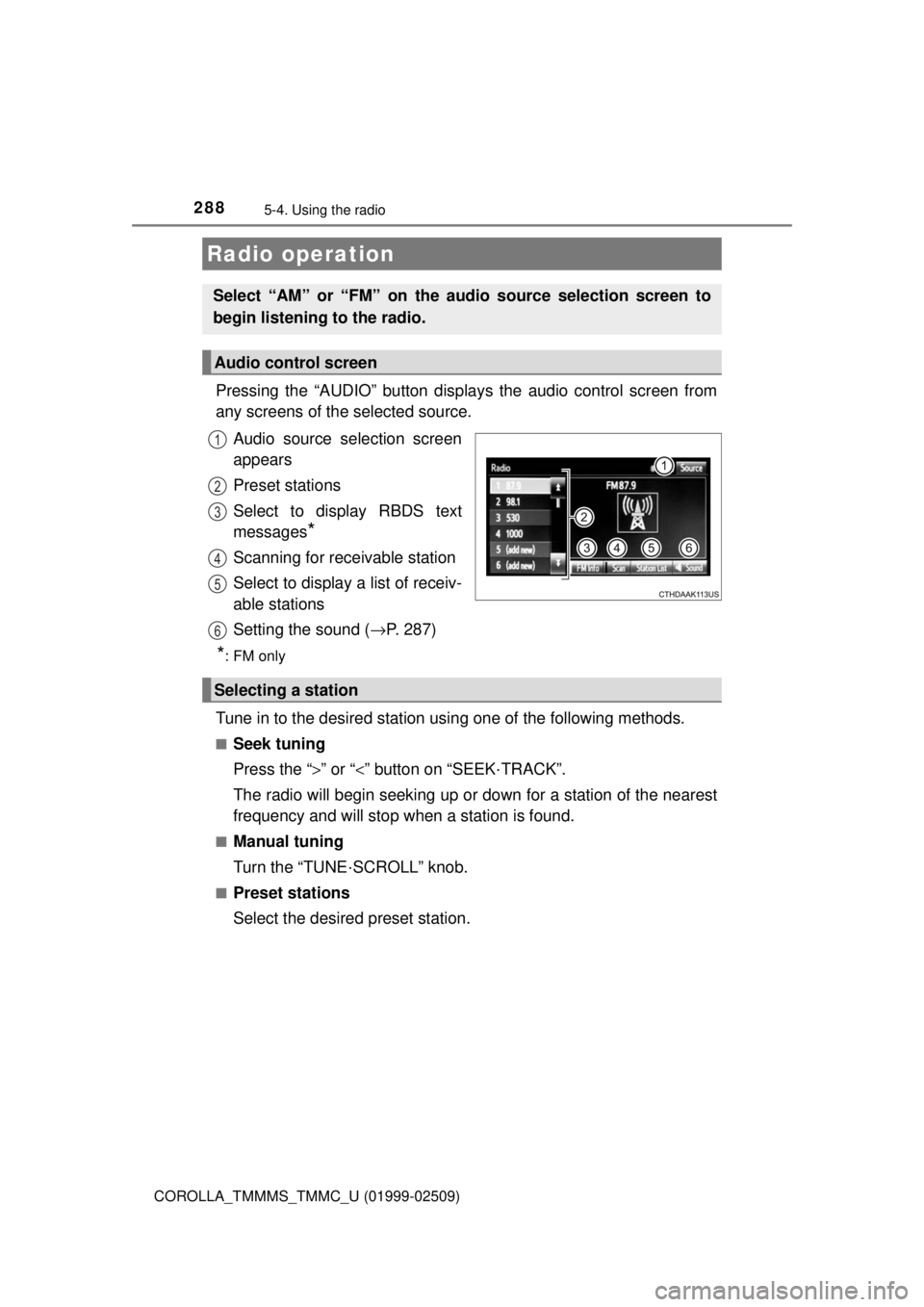 TOYOTA COROLLA 2018  Owners Manual (in English) 288
COROLLA_TMMMS_TMMC_U (01999-02509)
5-4. Using the radio
Pressing the “AUDIO” button displays the audio control screen from
any screens of the selected source.
Audio source selection screen
app
