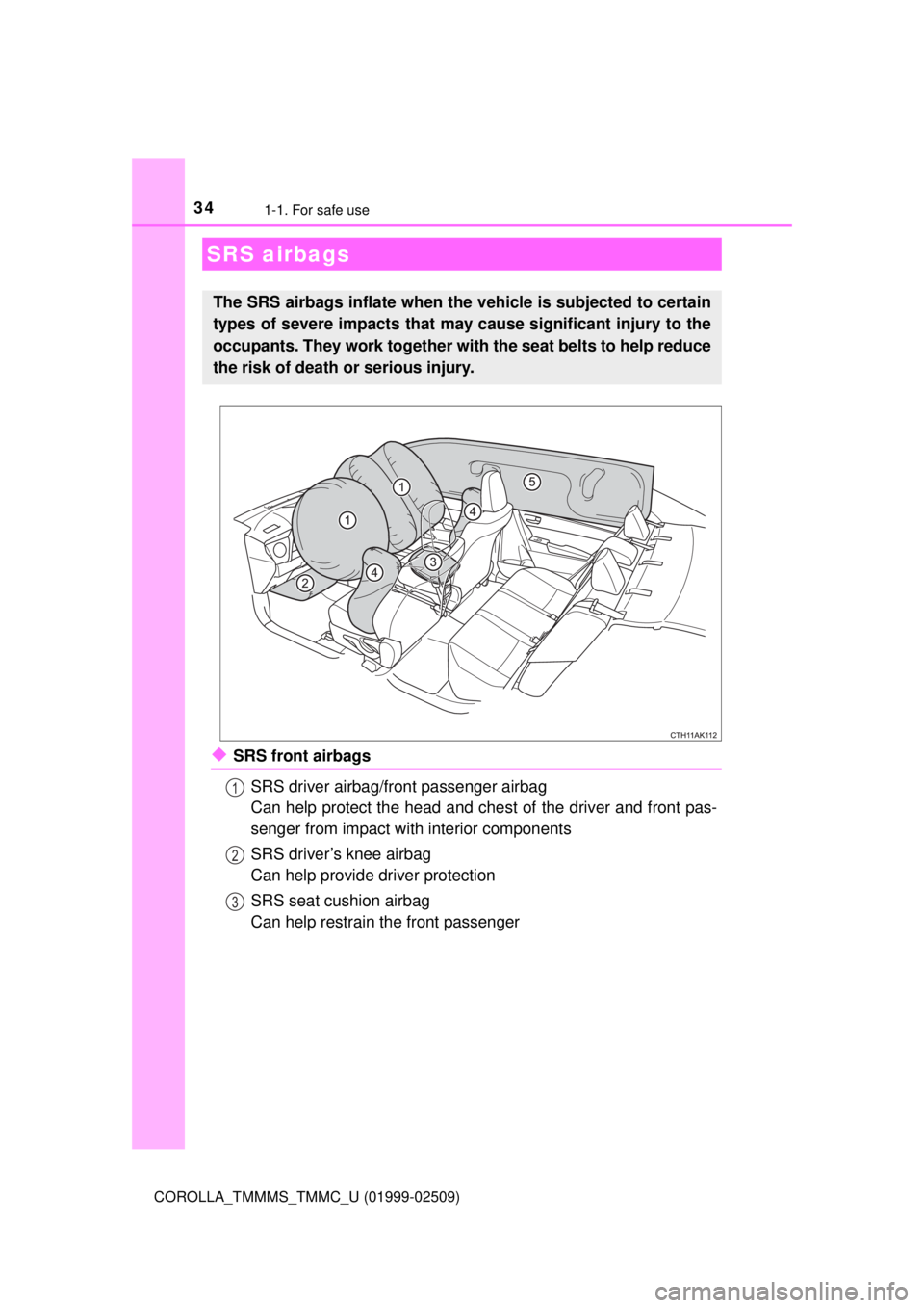 TOYOTA COROLLA 2018   (in English) Owners Guide 341-1. For safe use
COROLLA_TMMMS_TMMC_U (01999-02509)
◆SRS front airbagsSRS driver airbag/front passenger airbag 
Can help protect the head and chest of the driver and front pas-
senger from impact