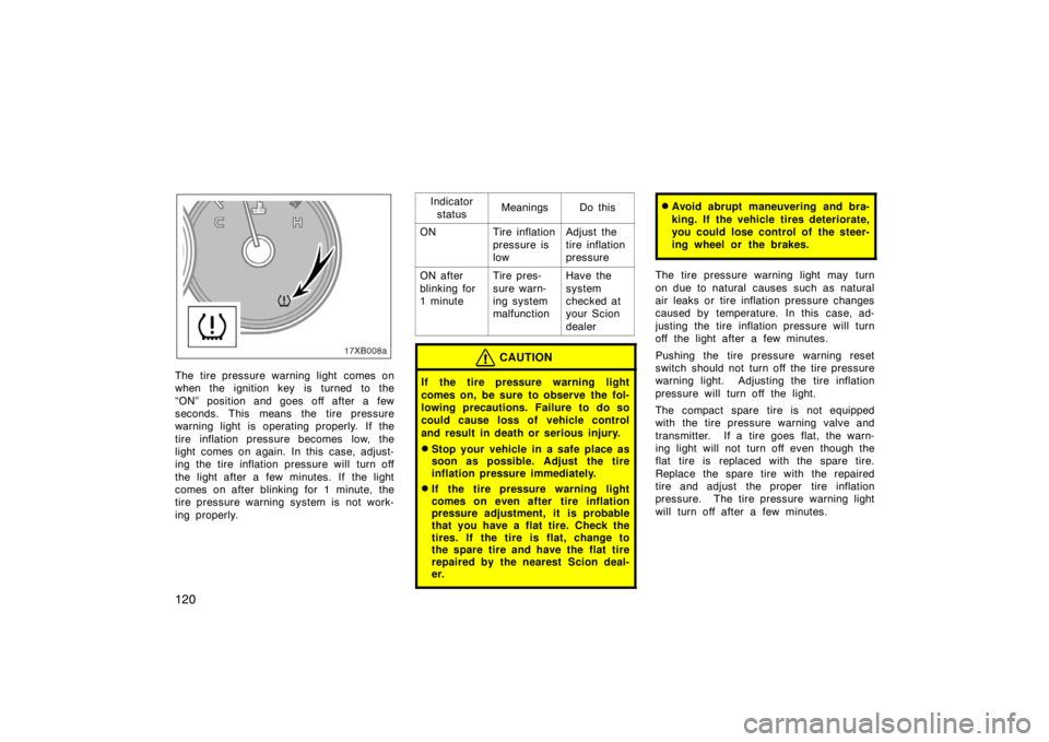 TOYOTA xB 2008  Owners Manual (in English) 120
17XB008a
The tire pressure warning light comes on
when the ignition key is turned to the
“ON” position and goes off after a few
seconds. This means the tire pressure
warning light is operating