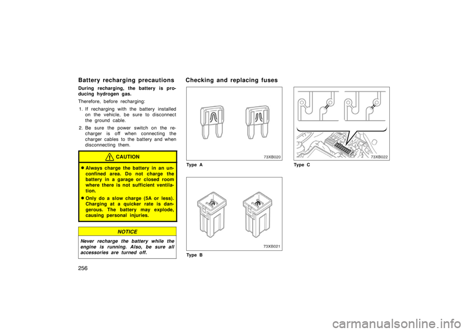 TOYOTA xB 2008  Owners Manual (in English) 256
Battery recharging precautions
During recharging, the battery is pro-
ducing hydrogen gas.
Therefore, before recharging:1. If recharging with the battery installed on the vehicle, be sure to disco