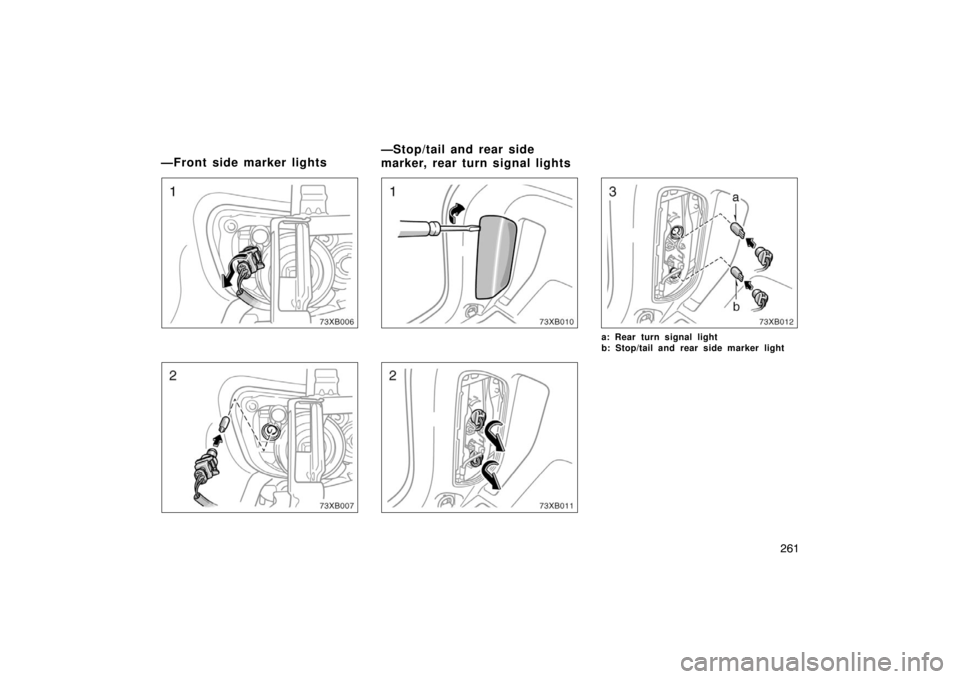 TOYOTA xB 2008  Owners Manual (in English) 261
a: Rear turn signal light
b: Stop/tail and rear side marker light
—Front side marker lights—Stop/tail and rear side
marker, rear turn signal lights 