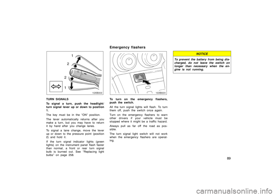 TOYOTA xB 2008  Owners Manual (in English) 89
TURN SIGNALS
To signal a turn, push the headlight/
turn signal lever up or down to position
1.
The key must be in the “ON” position.
The lever automatically returns after you
make a turn, but y