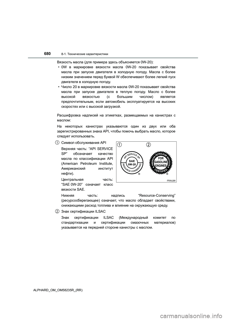 TOYOTA ALPHARD 2021 Руково 6808-1. Технические характеристики
ALPHARD_OM_OM58235R_(RR)
Вязкость масла (для примера здесь объясняется 0W-20):
• 0W в марки TOYOTA ALPHARD 2021 Руково 6808-1. Технические характеристики
ALPHARD_OM_OM58235R_(RR)
Вязкость масла (для примера здесь объясняется 0W-20):
• 0W в марки