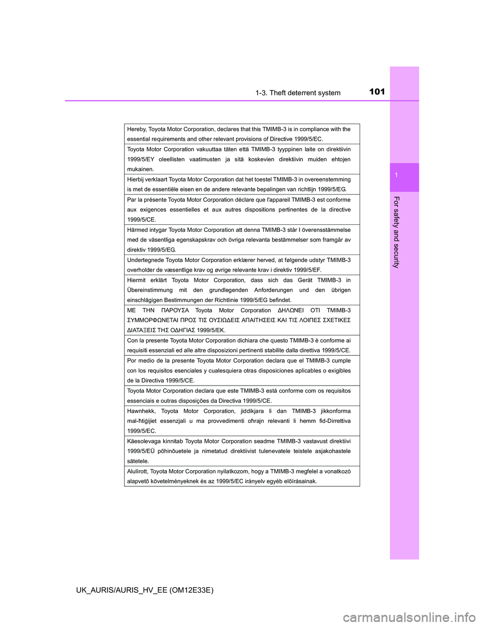 TOYOTA AURIS 2012  Owners Manual (in English) 1011-3. Theft deterrent system
1
For safety and security
UK_AURIS/AURIS_HV_EE (OM12E33E)
Hereby, Toyota Motor Corporation, declares that this TMIMB-3 is in compliance with the 
essential requirements 