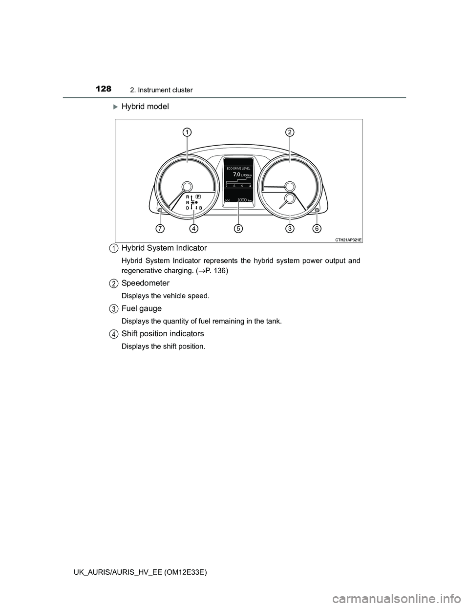 TOYOTA AURIS 2012 Owners Manual (in English) 1282. Instrument cluster
UK_AURIS/AURIS_HV_EE (OM12E33E)
Hybrid model
Hybrid System Indicator
Hybrid System Indicator represents the hybrid system power output and
regenerative charging. (P. 136 TOYOTA AURIS 2012 Owners Manual (in English) 1282. Instrument cluster
UK_AURIS/AURIS_HV_EE (OM12E33E)
Hybrid model
Hybrid System Indicator
Hybrid System Indicator represents the hybrid system power output and
regenerative charging. (P. 136